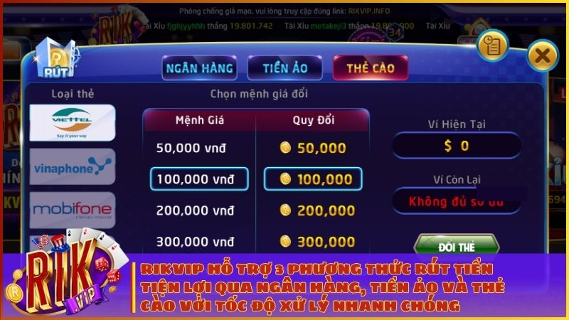 Hướng Dẫn Rút Tiền RIKVIP Về Ngân Hàng Trong 5 Phút (Cập Nhật 2026) 2 Giao diện rút tiền RIKVIP trực quan với 3 phương thức linh hoạt: Ngân hàng nội địa, ví điện tử Tiền ảo và Thẻ cào điện thoại