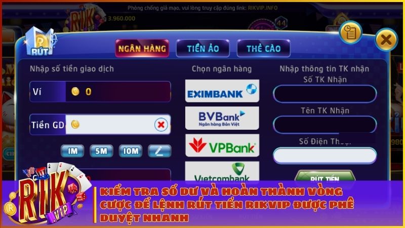Hướng Dẫn Rút Tiền RIKVIP Về Ngân Hàng Trong 5 Phút (Cập Nhật 2026) 1 Hãy kiểm tra số dư khả dụng và hoàn tất các yêu cầu vòng cược khuyến mãi để lệnh rút tiền RIKVIP được phê duyệt