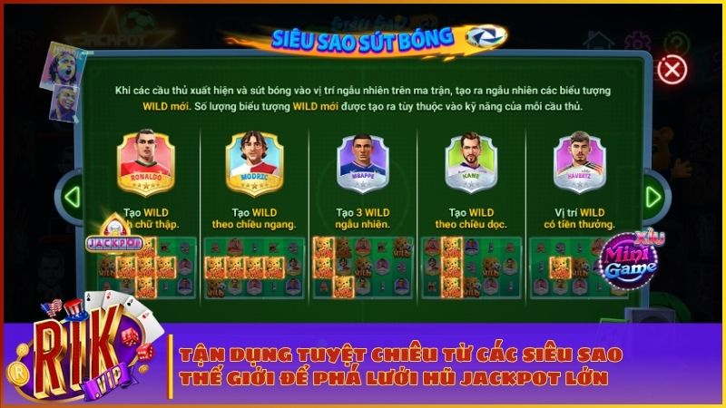 Siêu Sao Bóng Đá RIKVIP - Đấu Trường Đỉnh Cao & Chiến Thuật Săn Hũ Bạc Tỷ 2 Dàn siêu sao bóng đá thế giới trổ tài dứt điểm tạo biểu tượng Wild trên ma trận