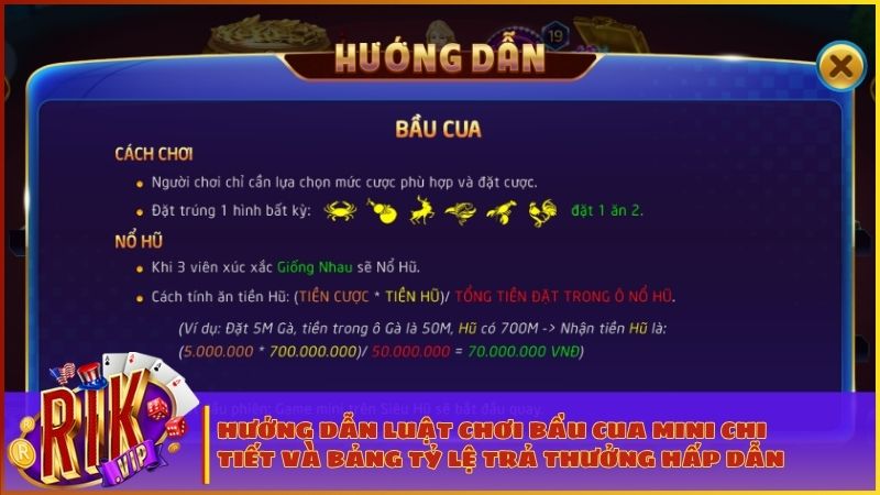 Bầu Cua Mini RIKVIP: Bí Kíp Chơi Game Dân Gian, Săn Siêu Hũ Trăm Triệu 2 Chi tiết bảng trả thưởng và cơ chế tính tiền nổ hũ jackpot tại sảnh